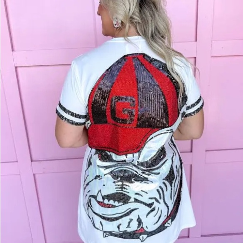 QUEEN OF SPARKLES GA bulldogs Red and White Sequin Mini Dress